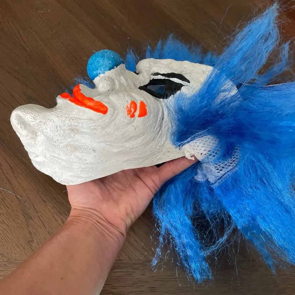 Creepy Clown Mask Halloween Costume Black Light Glows Pennywise Blue Hair NWT